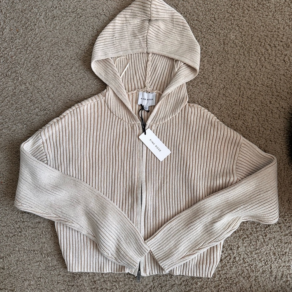 Pink Rose Cream Ribbed Knit Jacket